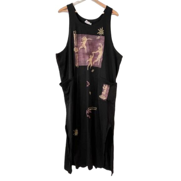 Blue Eyed Bear Vintage 90's Black Maxi Dress One Size Block Print Art to Wear - Picture 1 of 8